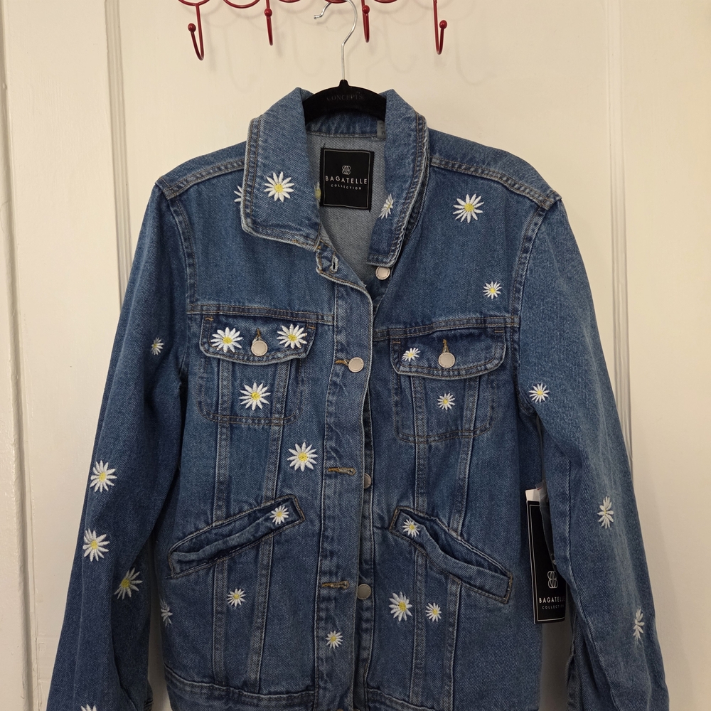 Blue Jean Jacket with Floral Embroidery